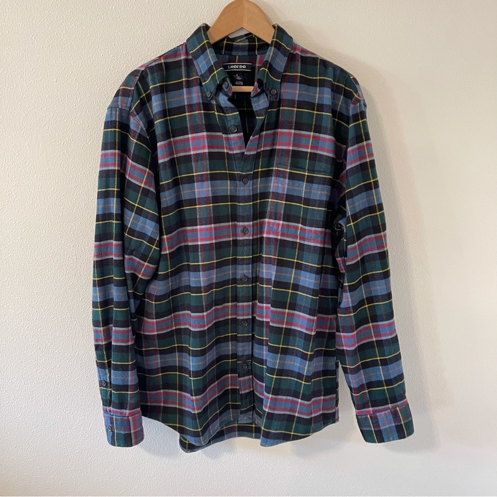 Lands’ End Flagship Flannel Plaid Tradition Fit Button Down Shirt Blue Green-L